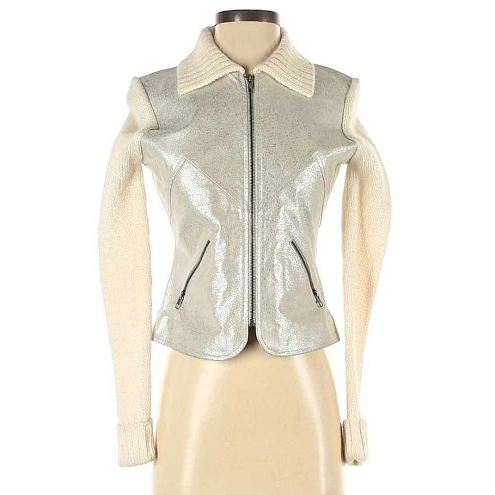 Phosphorus Leather Jacket Knit Sleeves Wool Blend Silver Zippers Size Small